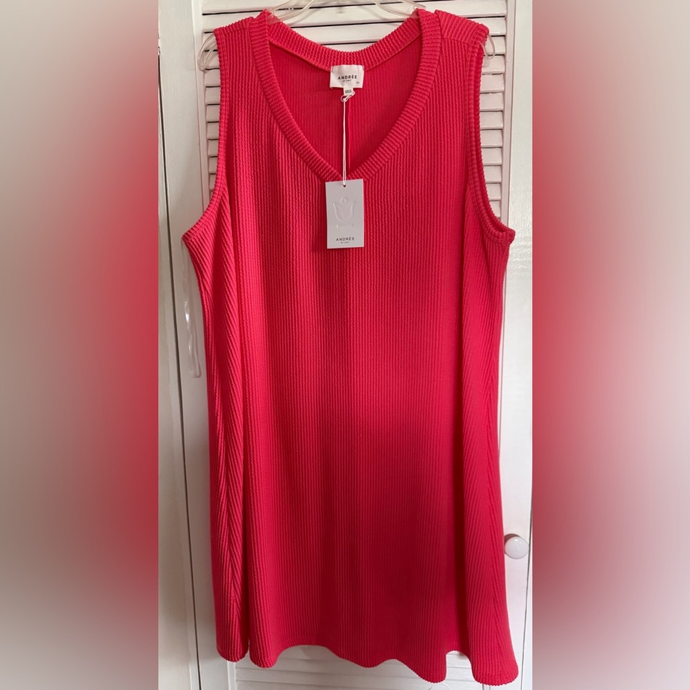 ANDREE BY UNIT Bright Coral Ribbed V-Neck Sleeveless Tank Dress